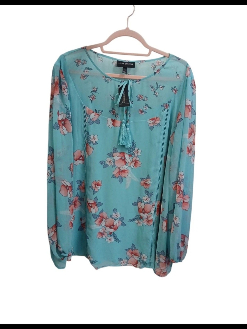 Lane Bryant Teal Floral Tassel Tie-Front Long Sleeve Blouse #148